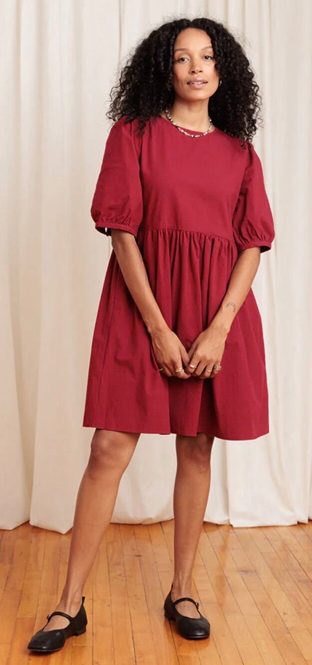 Tradlands Mini Dress Nico 2.0 Garnet Red Balloon Sleeve 100% Cotton NWT size XS